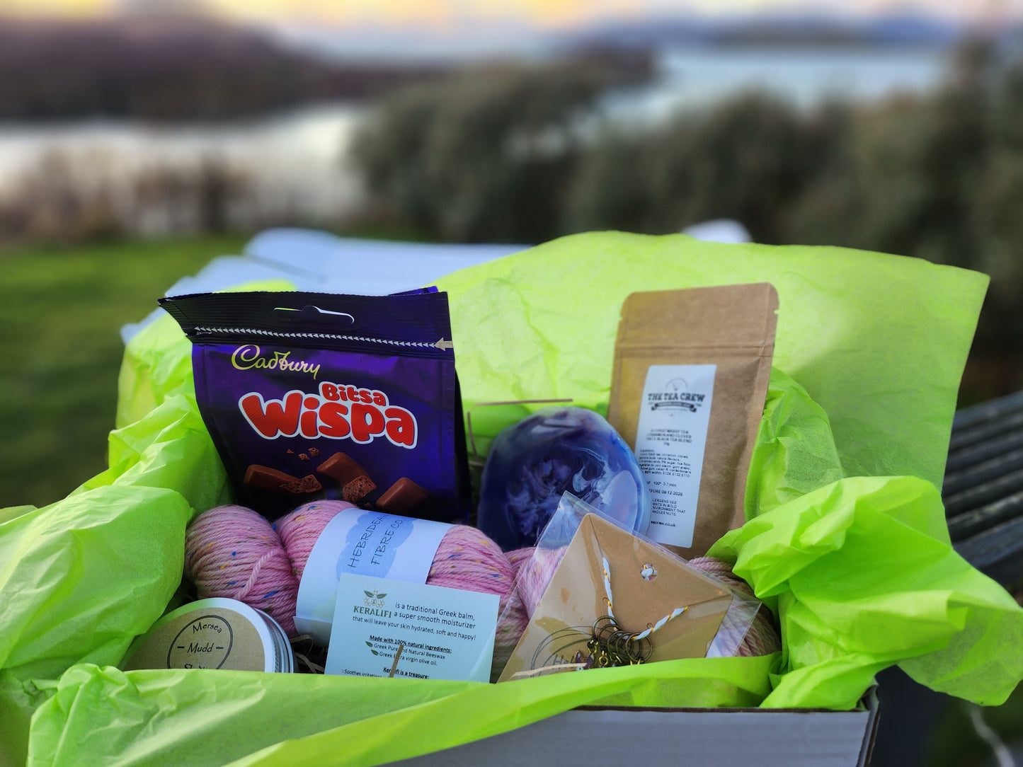 Yarn Lover's Treat Box - A gift box full of treats for Knitters or Crocheters Inc. 2 x 100g Skein of hand dyed yarn - The Perfect Gift ๐