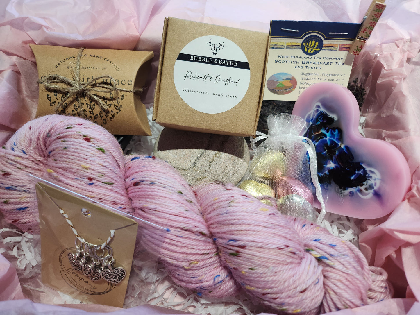 Yarn Lover's Treat Box - A gift box full of treats for Knitters or Crocheters Inc. 2 x 100g Skein of hand dyed yarn - The Perfect Gift ๐