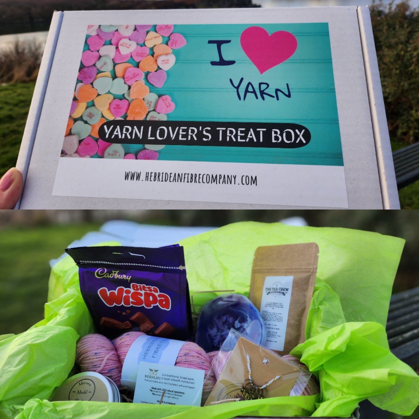 Yarn Lover's Treat Box - A gift box full of treats for Knitters or Crocheters Inc. 2 x 100g Skein of hand dyed yarn - The Perfect Gift ๐
