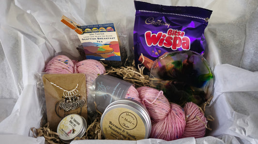 Yarn Lover's Treat Box - A gift box full of treats for Knitters or Crocheters Inc. 2 x 100g Skein of hand dyed yarn - The Perfect Gift ๐