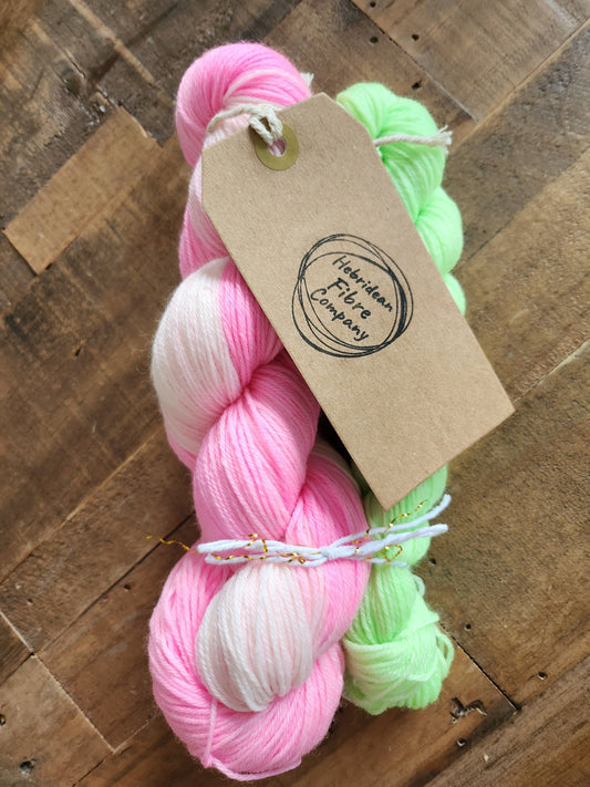 Hand Dyed Yarn 4 Ply Sock Set in 'Watermelon' Barbie Neon Pink Green 100g and 20g Superwash Merino Nylon