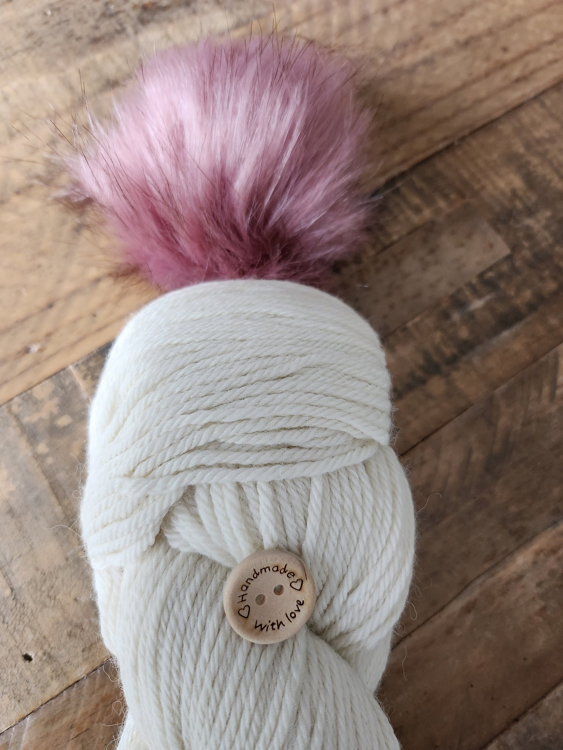 Hand Knitted Pom Pom Hat Kit - Dk Merino Nylon Yarn Natural Colourway with Purple Faux Pom Pom and Wooden Button - Knitted Hat - Yarn