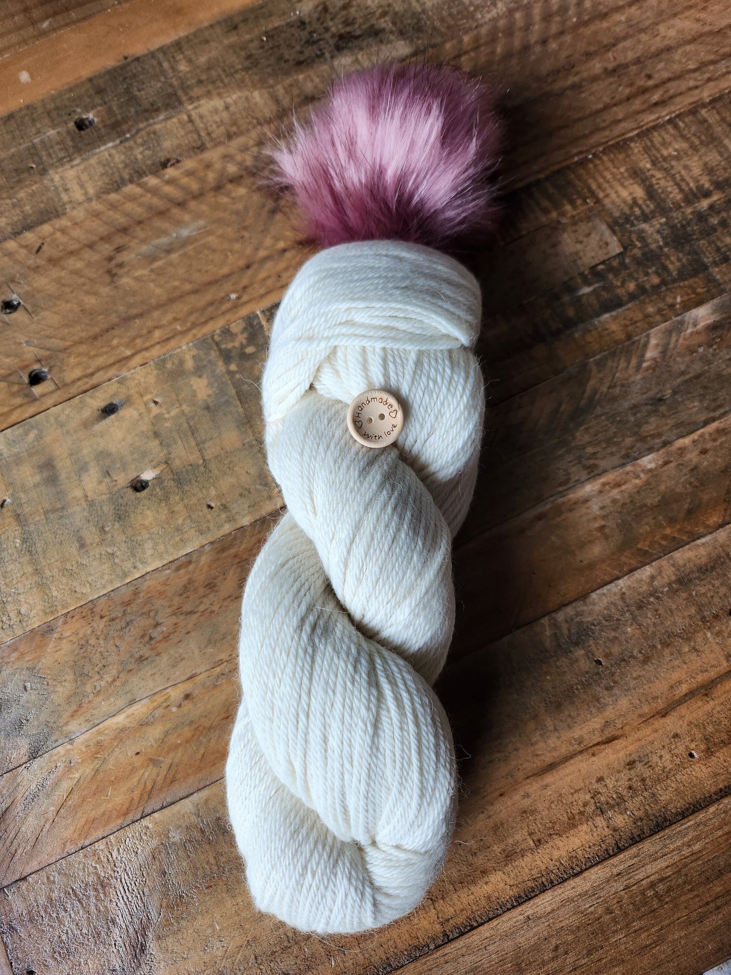 Hand Knitted Pom Pom Hat Kit - Dk Merino Nylon Yarn Natural Colourway with Purple Faux Pom Pom and Wooden Button - Knitted Hat - Yarn