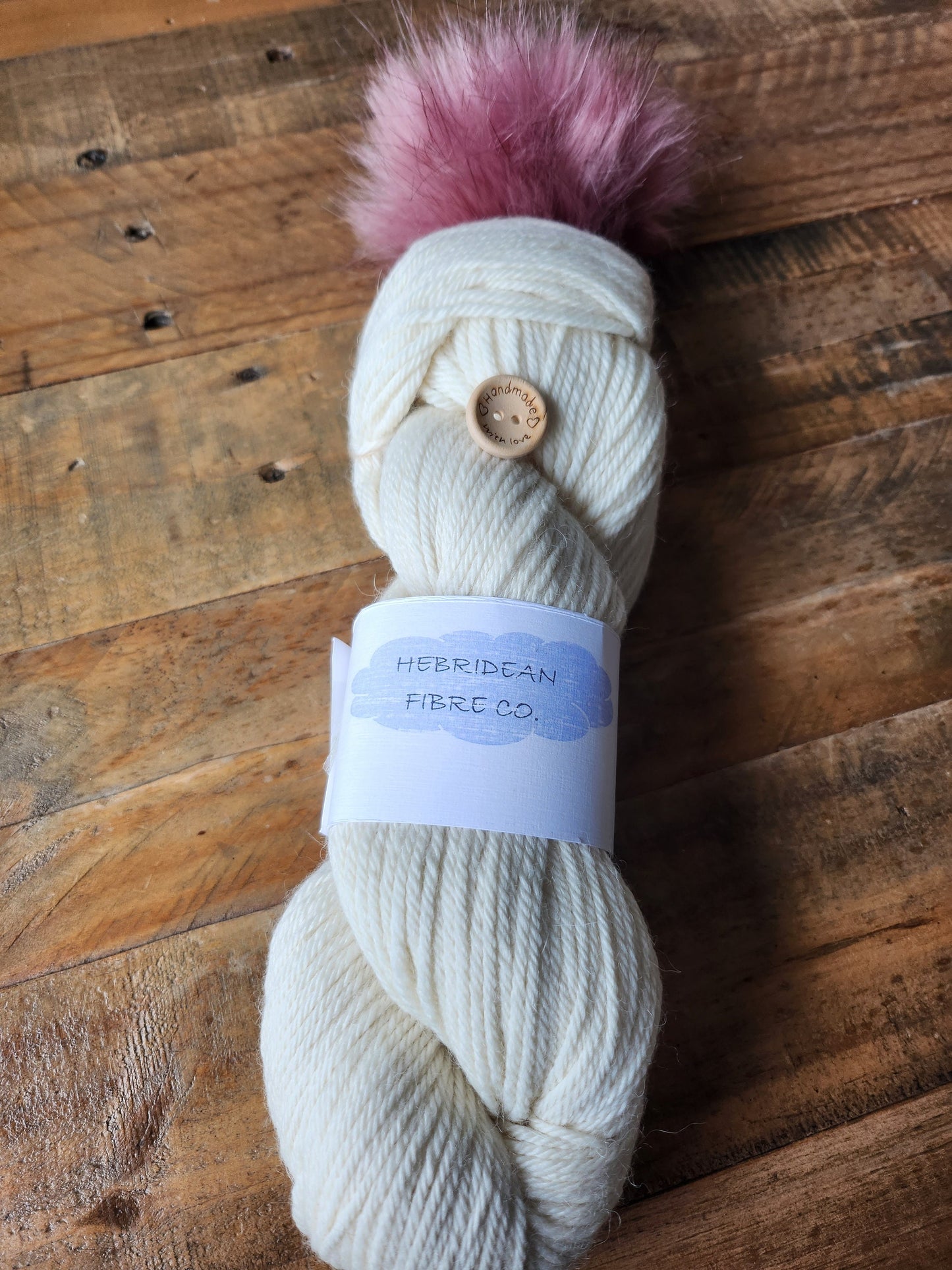 Hand Knitted Pom Pom Hat Kit - Dk Merino Nylon Yarn Natural Colourway with Purple Faux Pom Pom and Wooden Button - Knitted Hat - Yarn