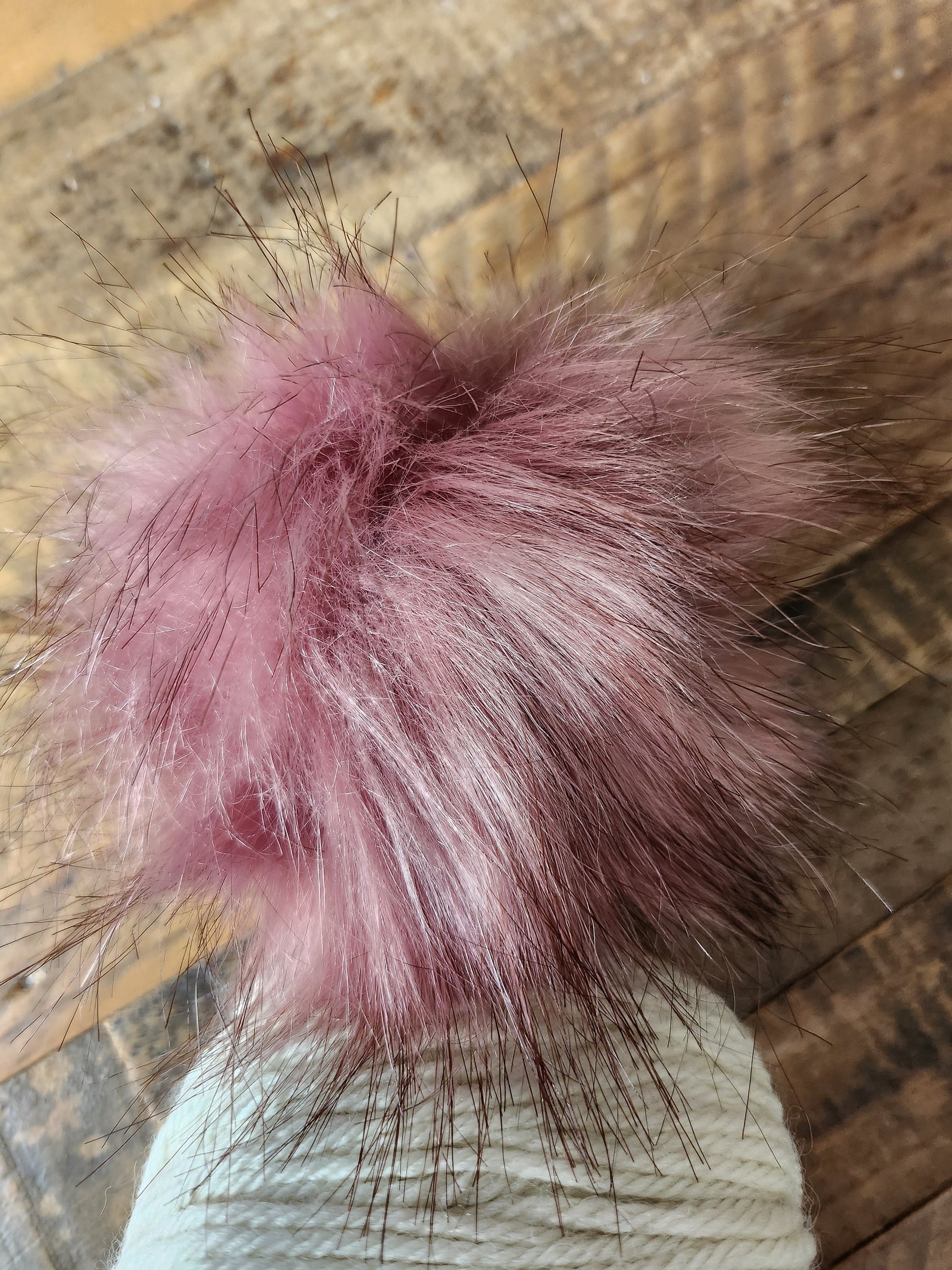 Hand Knitted Pom Pom Hat Kit - Dk Merino Nylon Yarn Natural Colourway with Purple Faux Pom Pom and Wooden Button - Knitted Hat - Yarn