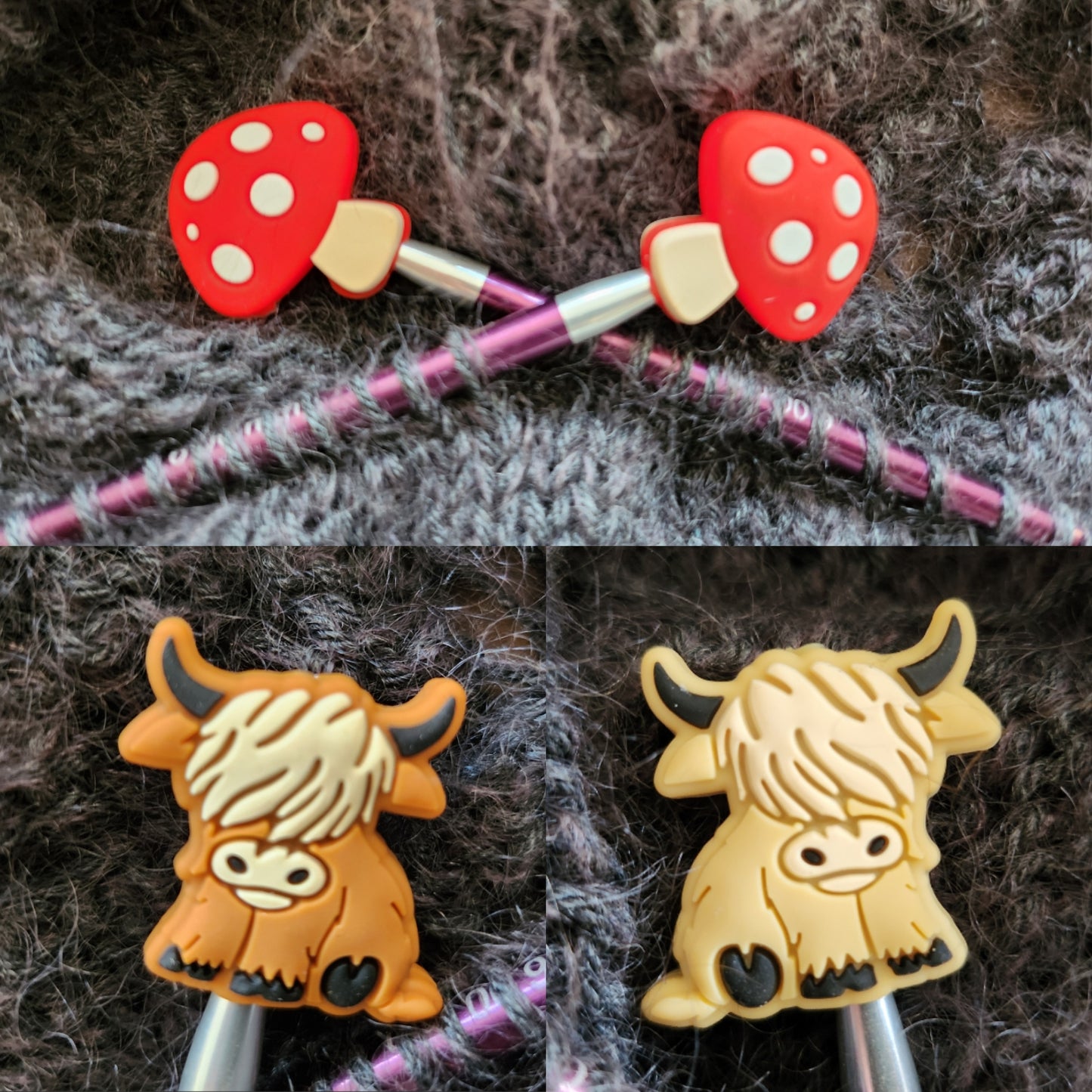 Knitting Needle Stoppers | Highland Cows | Toadstools | Pack of 2